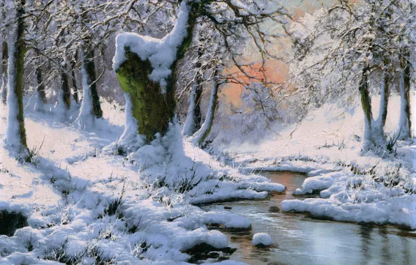 Winter, Trees, Snow, Stream, Picture, Laszlo Neogrady, Laszlo Nogradi, Winter landscape with a stream