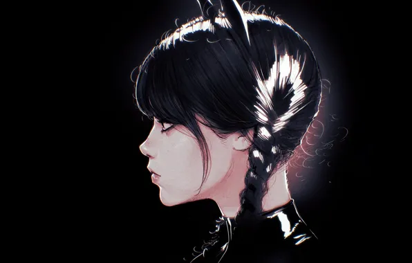 Black background, black hair, baby, in profile, cat ears