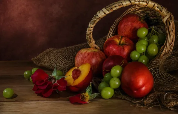 Apples, rose, grapes, fruit, still life, basket, peaches