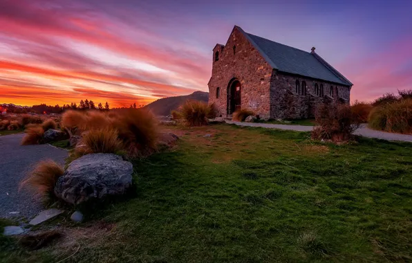 Picture sunset, Church, New Zealand, Lake Tekapo, Canterbury, Church of the Good Shepherd