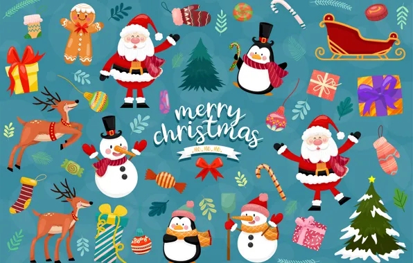 Penguins, Christmas, New year, snowmen