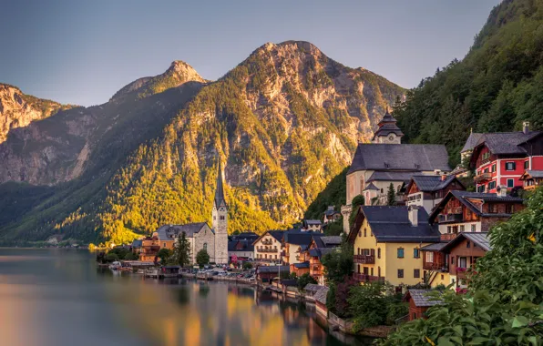 Sunset, mountains, lake, home, Austria, town, Hallstatt, Hallstatt