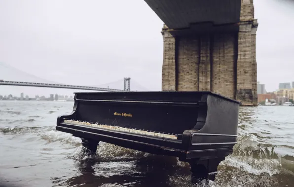 Bridge, music, river, piano