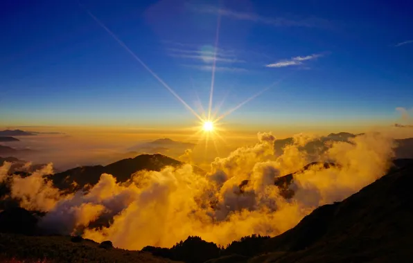 The sky, the sun, clouds, rays, landscape, sunset, mountains, nature