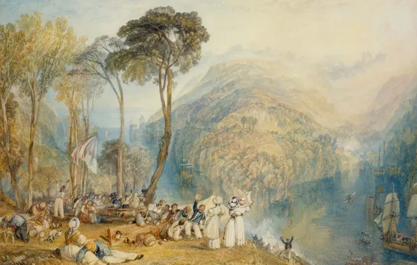 Landscape, people, hills, ship, picture, William Turner, Bay Dartmouth