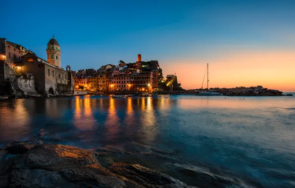 Lights, sea, sunset, italy, vernazza