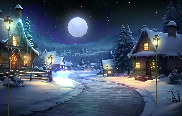 Winter, Night, Village, Winter, Night, Village