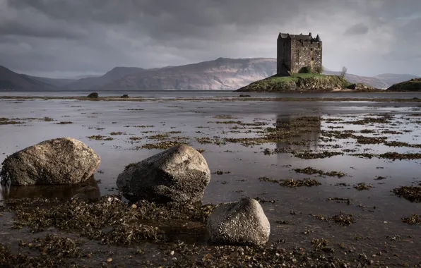 The sky, clouds, landscape, mountains, clouds, fog, lake, stones