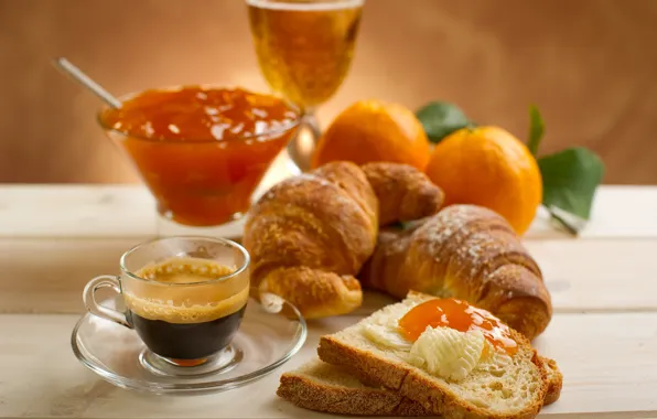 Coffee, Breakfast, bread, jam, croissants