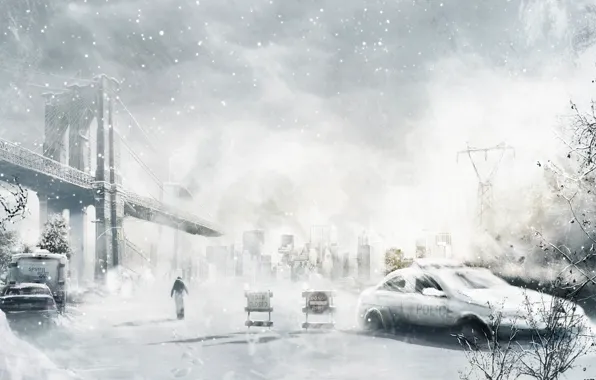 Picture winter, machine, snow, bridge, the city, people, art, ruins
