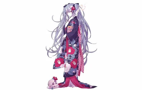 Picture girl, skull, anime, art, horns, kimono, vocaloid, hatsune miku