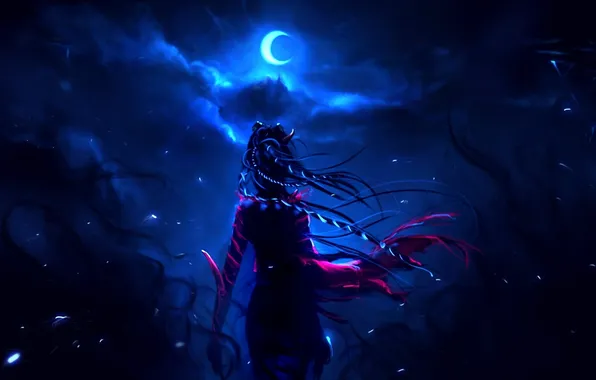Picture girl, night, the wind, hair, art, back, Crescent