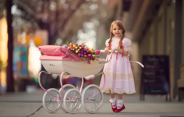 Flowers, girl, stroller
