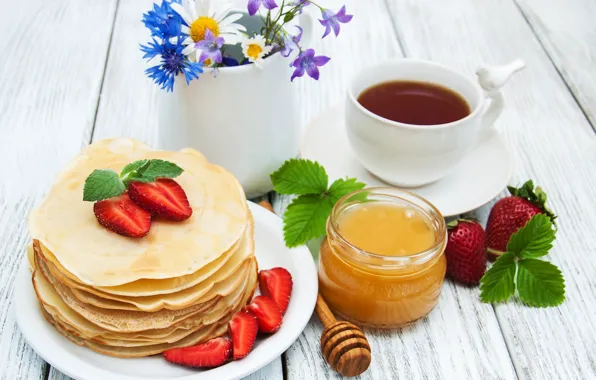 Flowers, berries, table, strawberry, honey, vase, pancakes, Olena Rudo