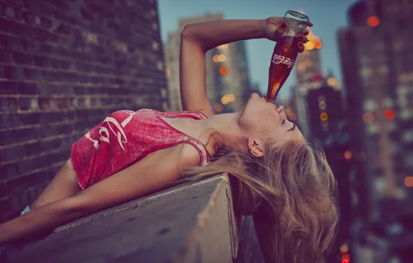 Picture girl, ideal, skyscrapers, drink, coca cola, Coca-Cola, brick wall, closed eyes