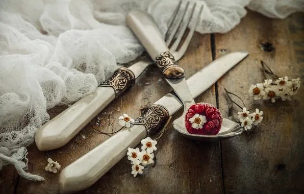 Flowers, berries, raspberry, table, Board, spoon, knife, plug