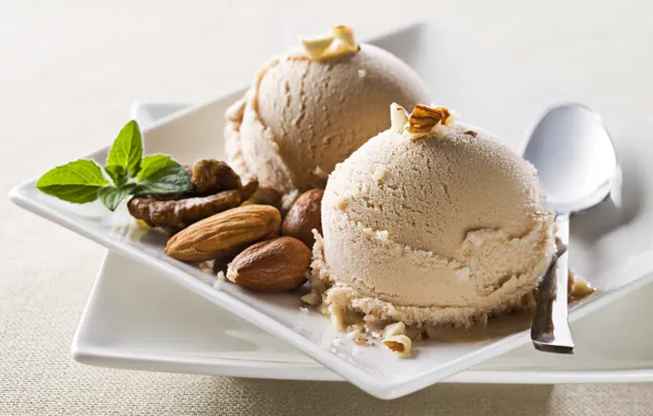 Picture balls, spoon, ice cream, plates, nuts, almonds, sweet, walnut