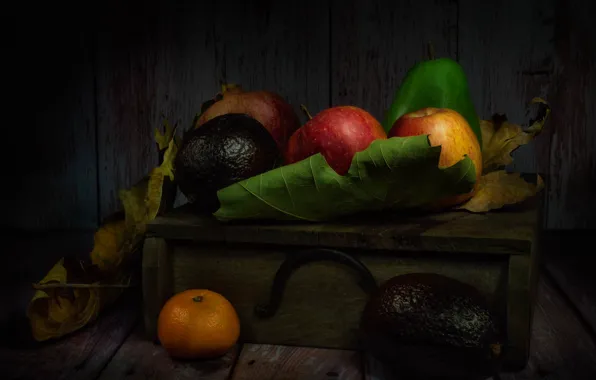 Leaves, the dark background, apples, fruit, still life, box, different, garnet