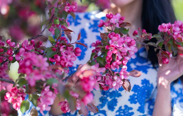 Leaves, girl, light, flowers, branches, mood, blur, spring