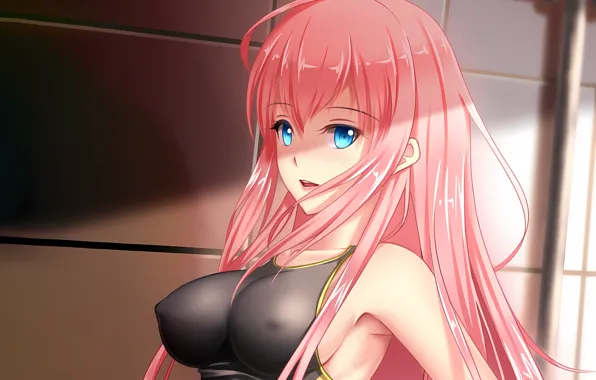 Girl, sexy, cleavage, Vocaloid, pink hair, erect nipples, long hair, boobs