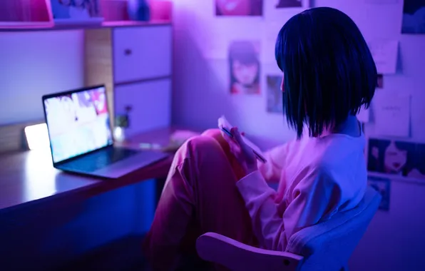 Asian, Model, Woman, Desk, Sitting, Computer, Indoor, Shorthair