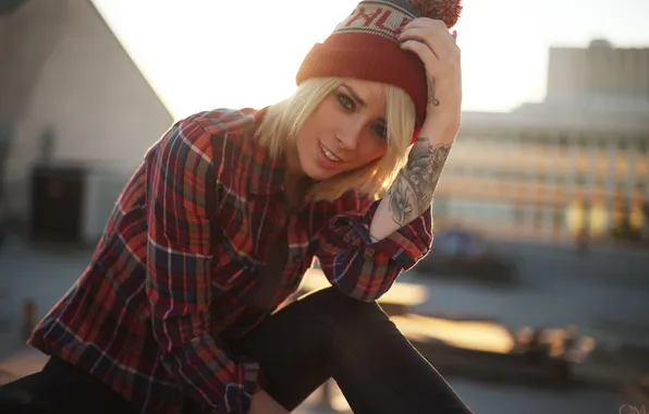 Look, smile, hat, Blonde, tattoo, shirt, Alysha Nett