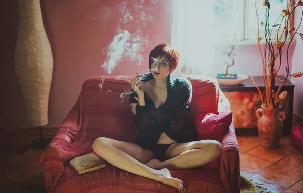 Girl, pose, smoke