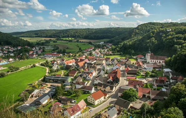Clouds, trees, hills, field, home, Germany, Bayern, town