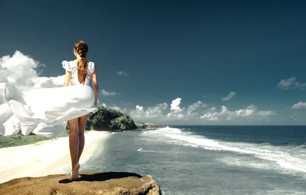 BEACH, HORIZON, The OCEAN, The SKY, SAND, CLOUDS, DRESS, BRAID