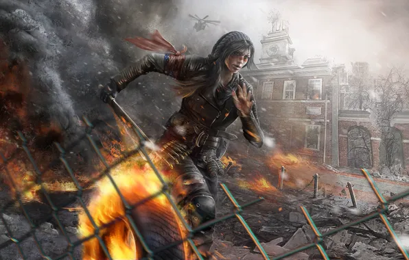 Picture girl, the city, fire, destruction, ruins, machete, Homefront: The Revolution