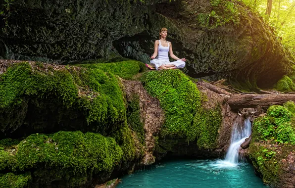 Picture forest, summer, girl, stream, stones, waterfall, moss, meditation