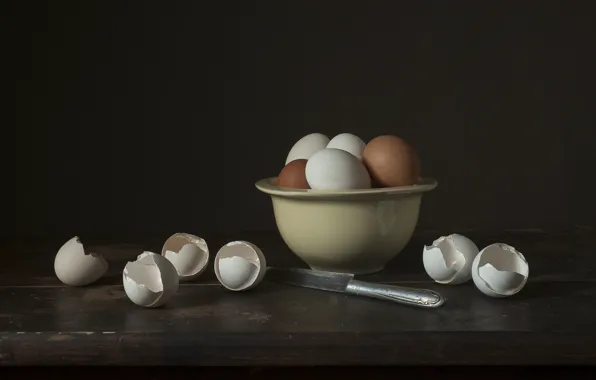 Table, eggs, knife, bowl, still life, shell, ceramics, egg