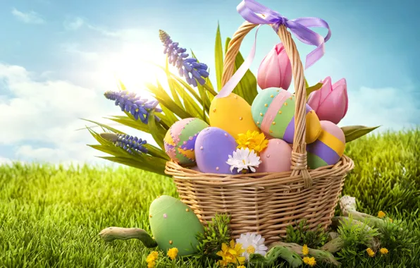 Picture grass, flowers, holiday, basket, eggs, spring, Easter, bow