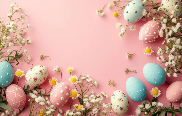 Flowers, holiday, chamomile, eggs, spring, Easter, leaves, white