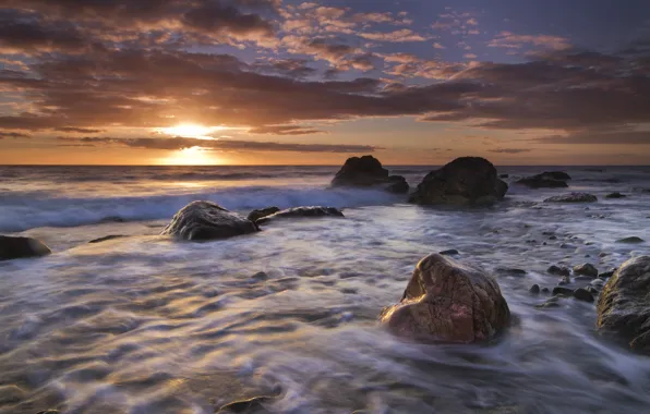 Picture sunset, stones, England, England, Wales, The Irish sea, Porth Towyn, Irish Sea