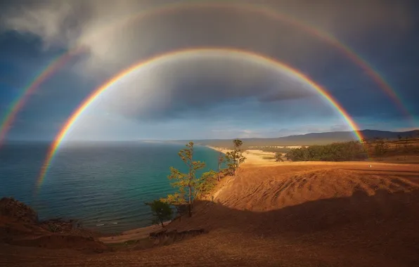 Rainbow, sky, trees, landscape, nature, water, clouds, lake