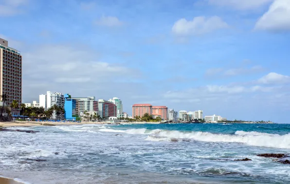 Sand, beach, the sky, wave, the building, USA, USA, beach