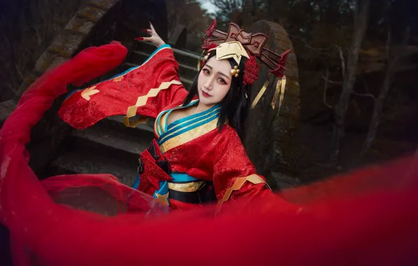 Look, girl, red, nature, face, pose, style, the dark background