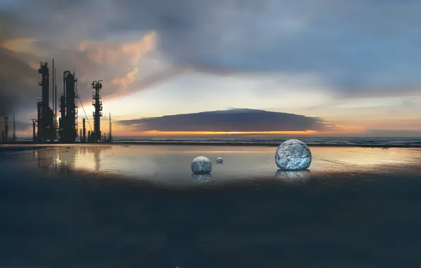 Ice, landscape, sunset, sphere, the tower