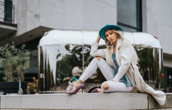 Girl, pose, style, hat, blonde, shoes, coat, Olya Alessandra