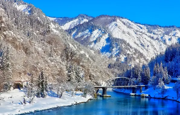 Winter, snow, mountains, bridge, nature, river