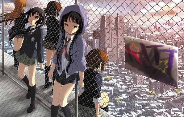Picture roof, the fence, group, Schoolgirls, K-On, skyscrapers