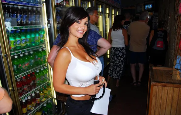 Chest, smile, people, jeans, brunette, Denise Milani, glasses, bottle