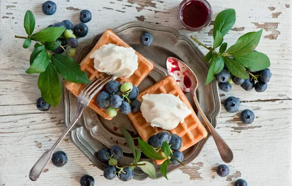 Berries, dessert, waffles, blueberries