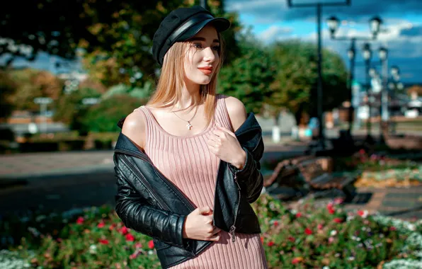 Picture chest, girl, flowers, smile, street, hair, lights, flowerbed