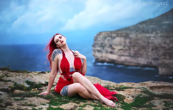 Sea, girl, nature, pose, style, shore, makeup, costume