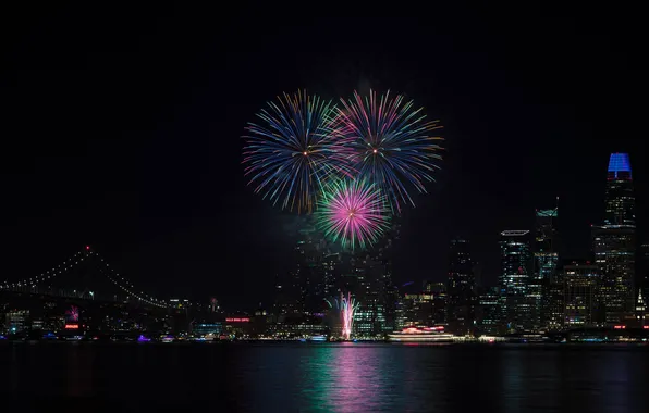 Night, the city, fireworks