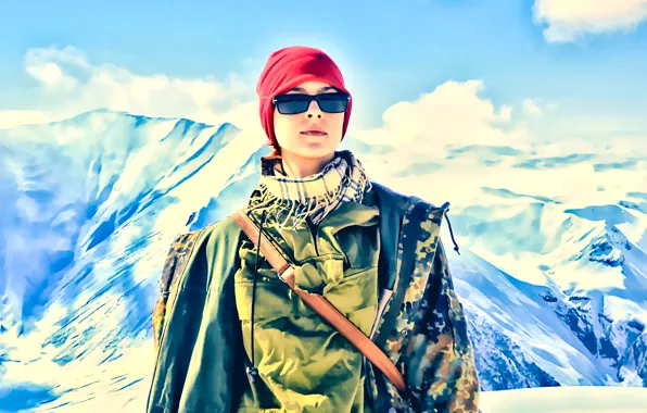 Girl, mountains, figure, watercolor, camouflage