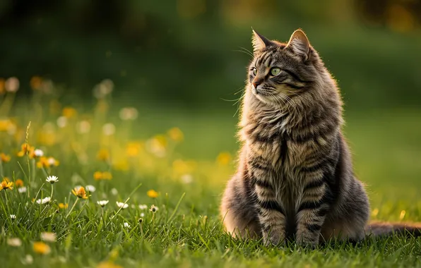 Greens, cat, summer, grass, cat, look, flowers, pose