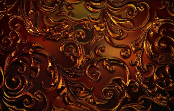Red, metal, background, gold, pattern, curls, Shine, color